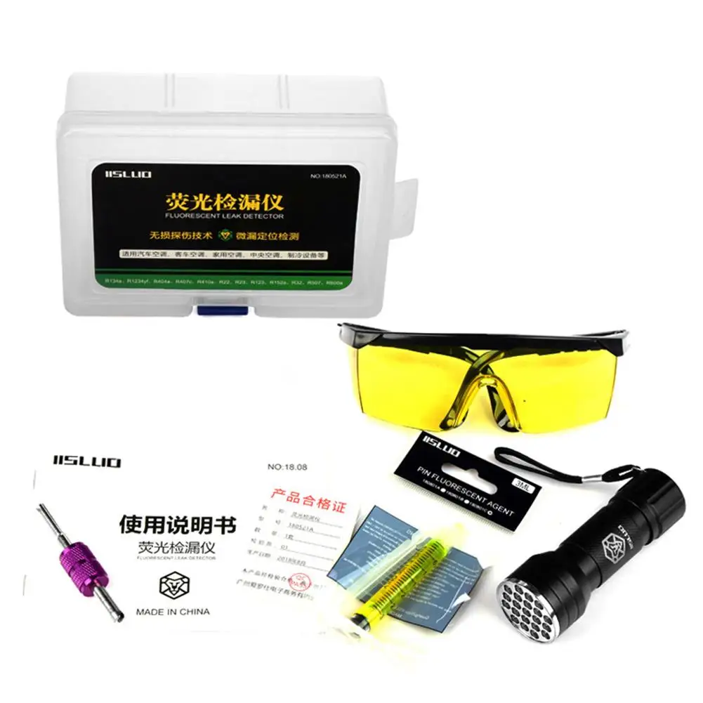 

1 Set Of Car Air Conditioning A C System Leak Test Detector Kit LED UV Flashlight Protective Glasses UV Dye Accuracy Tool Set