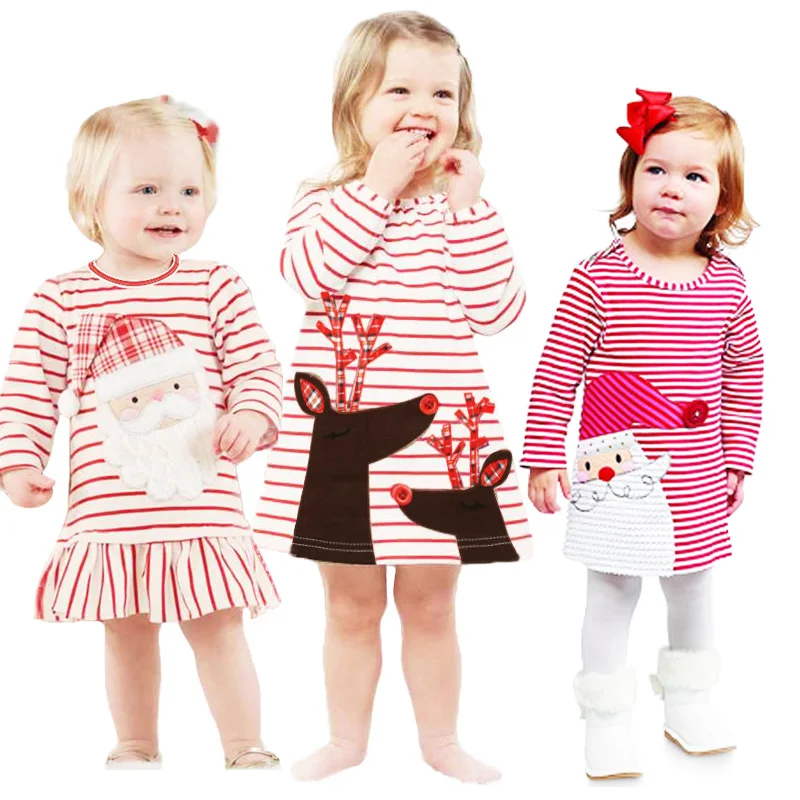 

2019 Cotton Christmas Dress Baby Girl Autumn Winter Dress Long Sleeve Pattern Kids Girls Striped Dress Infant Christmas Clothes