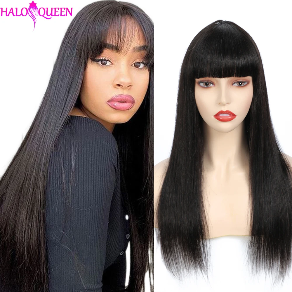 

HALOQUEEN Straight Human Hair Wigs With Bangs For Women Straight Hair Wigs 150% Density Brazilian Remy Human Hair Natural Color