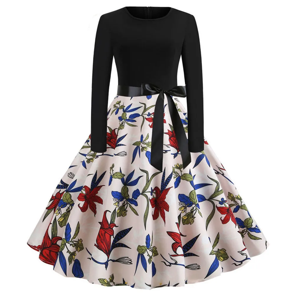 JY14369 Осенне-зимнее принтованное платье с подсолнухами с длинным рукавом женское винтажное пин-ап рокабилли черное лоскутное платье до колен для вечеринок ТРАПЕЦИЕВИДНОЕ - Цвет: JY14369