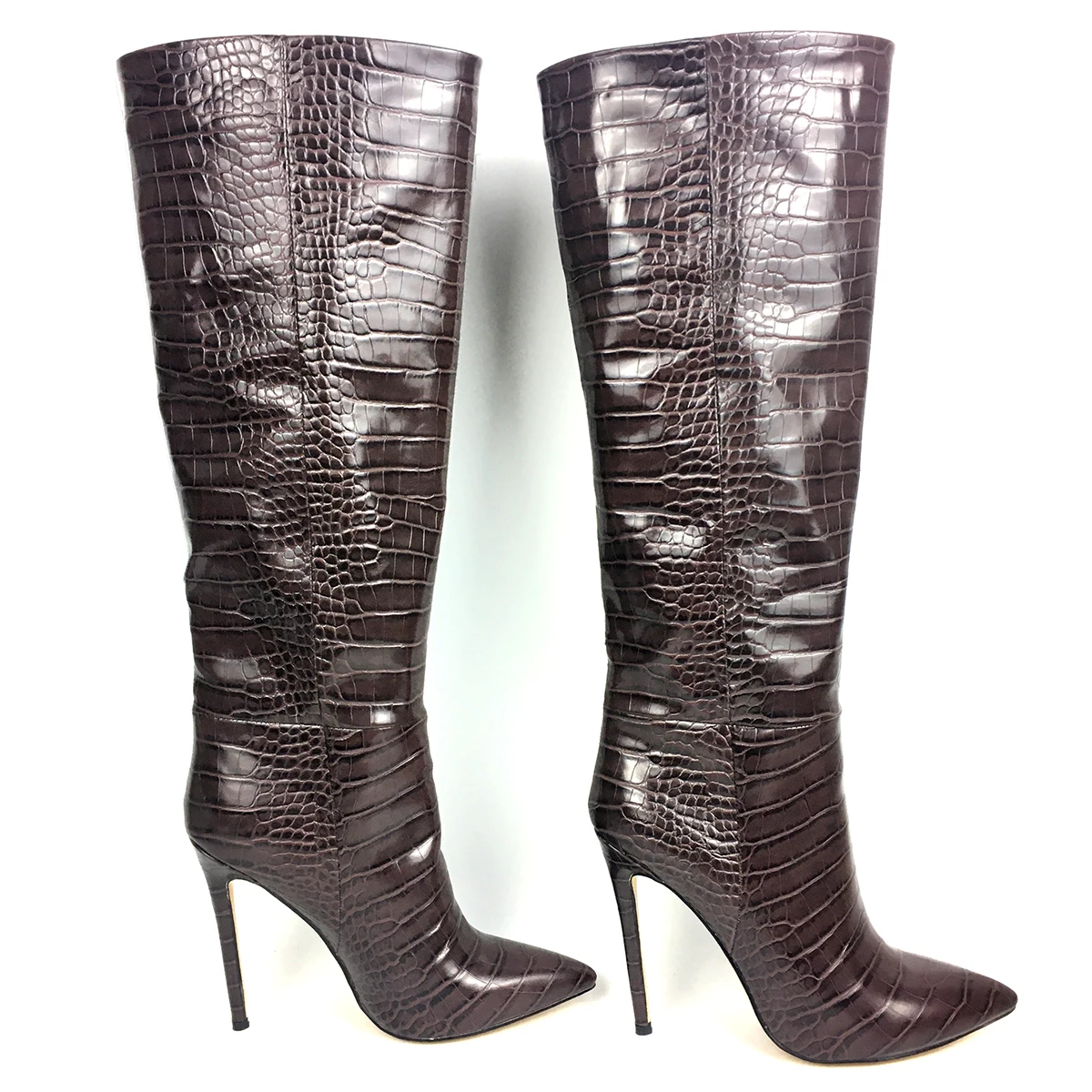 Aimirlly/Женская обувь; сапоги до колена с острым носком на высоком каблуке; модные зимние сапоги без застежки с узором «крокодиловая кожа»