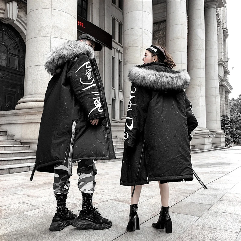 Модное длинное пальто в стиле хип-хоп с меховым воротником куртка из хлопка одежда с капюшоном уличная одежда теплая плотная верхняя одежда