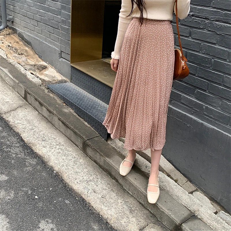 Faldas mujer moda женские плиссированные юбки в горошек весенние Юбки-миди леди с высокой талией трапециевидные юбки DV542
