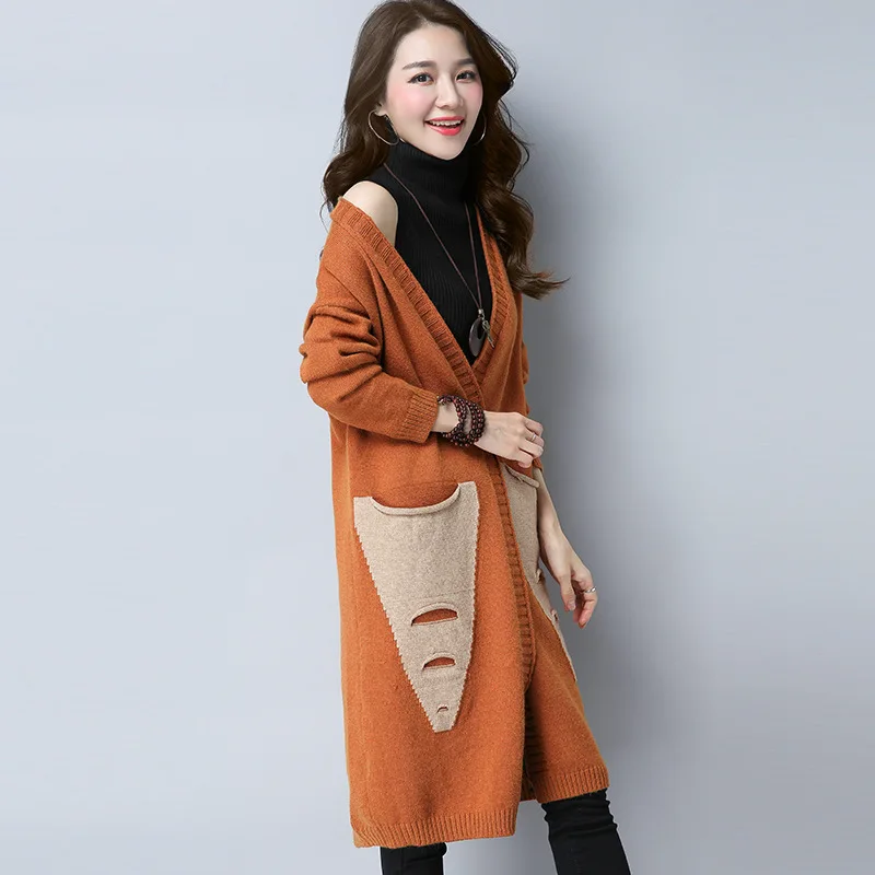 D50-orange Корейский Повседневный свободный светильник, кардиган средней длины с цветным карманом, женский свитер, пальто Outerwar, осенне-зимняя одежда для женщин - Цвет: D50-orange