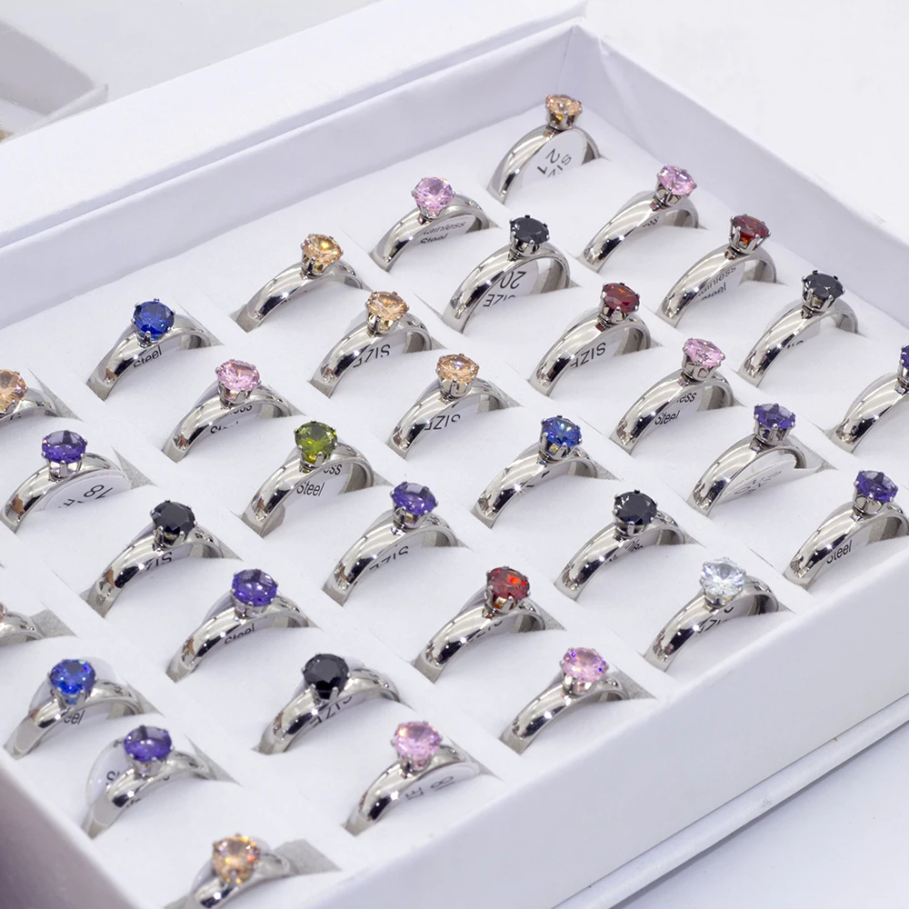 Wholesale 36Pcs/lot Mix Style Zircon Rhinestone Stainless Steel Rings Wedding Ring Women Mens Ring