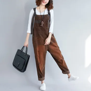

Large Size Corduroy Bib Pants Women Baggy Jumpsuits Patchwork Hanging Crotch Rompers Trousers Hip Hop Ripped Dancing Overalls
