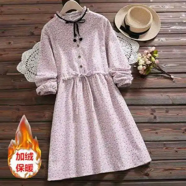 

Brushed And Thick Dress Women's Autumn And Winter Mori Girl Bow Lace-up Waist Hugging Mid-length Base Skirt S28615