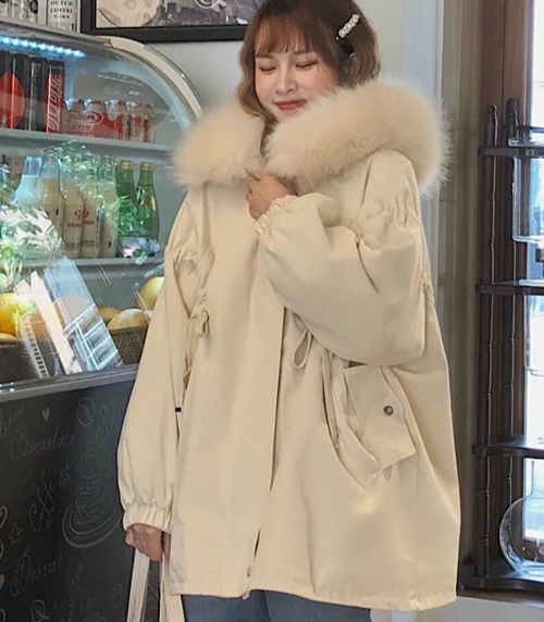 Apricot New Winter Coat Womens Warm Velvet Thicken Fur Hooded Parkas Female Long Sleeve Solid Jacket Outwear Manteau Femme Hiver - Color: Apricot