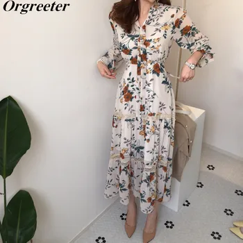 

Korean Elegant Bow collar Floral Printted Women Dress 2020 Summer Long Sleeve Elastic wasit A-line Lace Patchwork Chiffon Dress