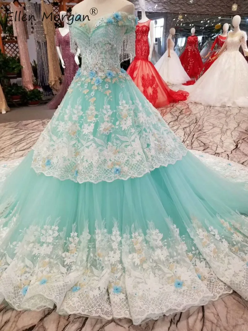 Яркие мятно-зеленые летние кружевные свадебные платья 2019 с открытыми плечами 3D цветы бисером тюль Принцесса Свадебное бальное платье