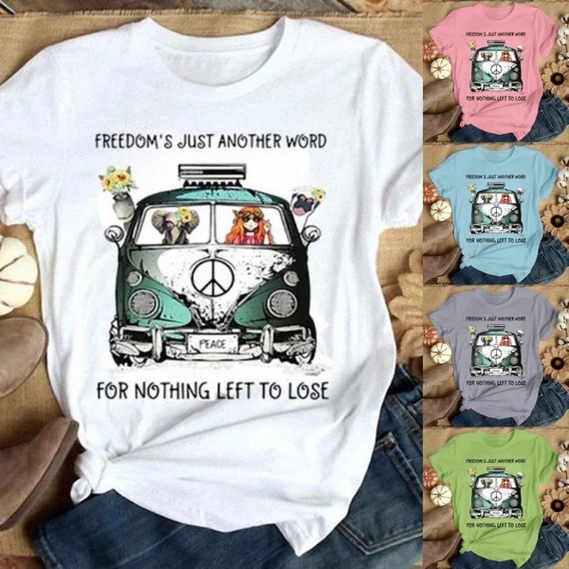 

Elephant Peace Car Print T Shirt Women Short Sleeve O Neck Loose Tshirt Summer Women Tee Shirt Tops Camisetas Mujer