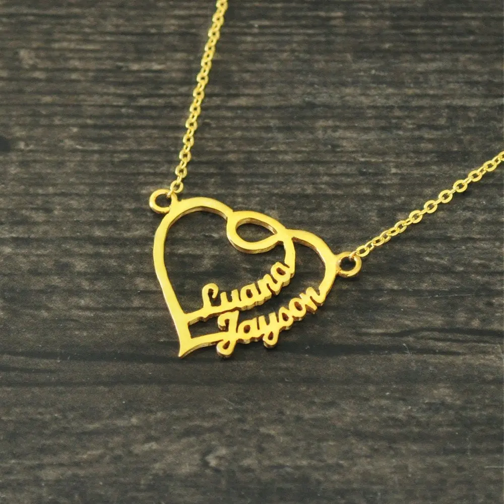 Романтическое ожерелье с двойным сердцем, ожерелье с именем на заказ, Женский Персонализированный Кулон-табличка с именем, колье из нержавеющей стали, ювелирные изделия, подарки
