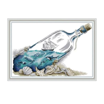 

Sea in Bottle Scenery Painting Counted Cross-Stitch Kits 11CT Printed Canvas DIY for Needlework Sets for Embroidery Kit