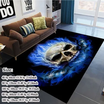 

New Modern Anti slip 3D Area Rugs Flame Skull Gothic Rectangular Carpets blue flame Decorative Floor Mat for Home Room 5 Sizes