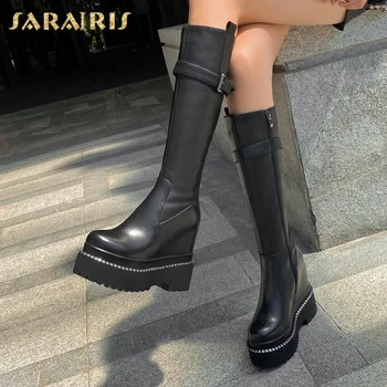 

Sarairis 2020 New Arrivals Genuine Leather Chunky Heels Knight Boots Female Waterproof Non-Slip Popular Boots Woman Shoes