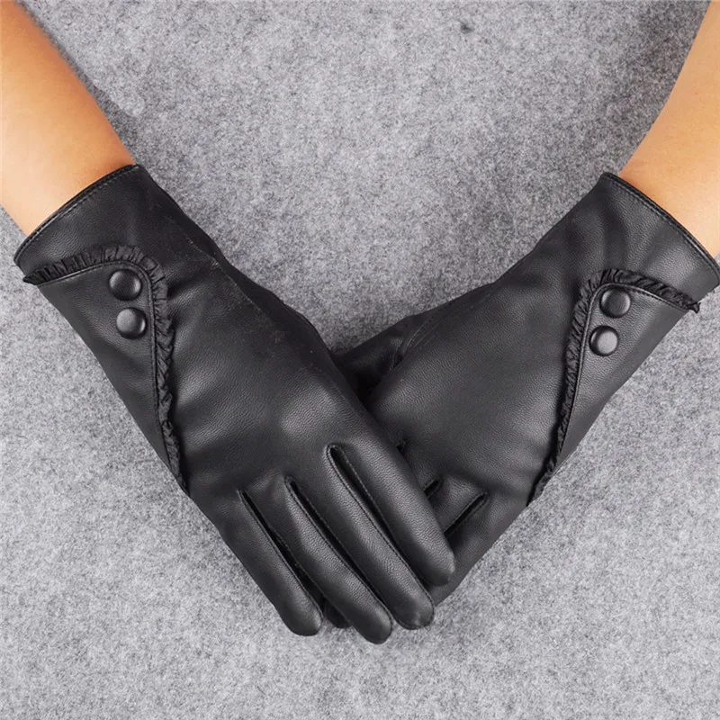 

Women's Gloves Genuine Soft Leather Winter Warm Fluff Woman Soft Female Rabbit Fur Lining Riveted Clasp Fashion Mittens Black
