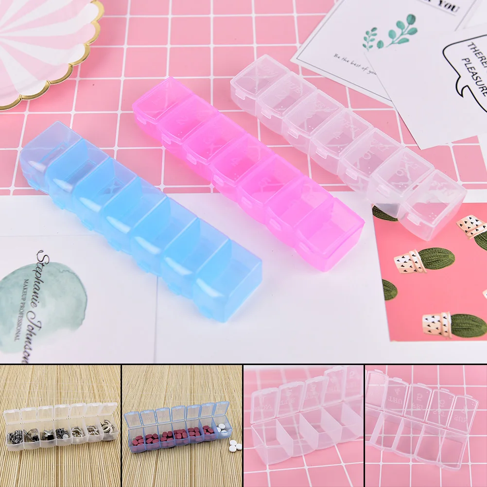 Medicine Organizer Dispenser Weekly 7 Days Pill Case Medicine Storage Tablet Pill Box With Clip Lids 3 Colors