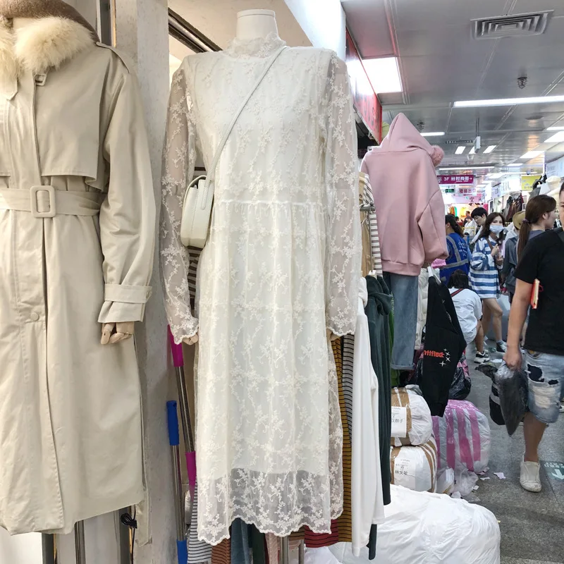 Осенне-зимнее винтажное женское кружевное платье со стоячим воротником в стиле