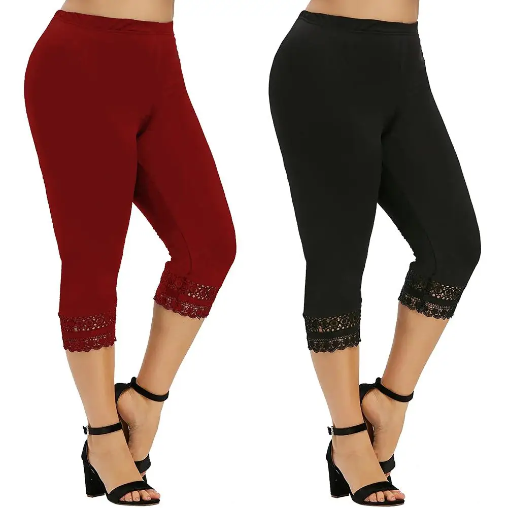 Women Solid Color Mid Rise Capri Pants Leggings Yoga Skinny Cropped Trousers Lace Patchwork Hem Skinny Breathable Capri Pants Women Solid Color Mid Rise Capri Pants Leggings Yoga Skinny Cropped Trousers Lace Patchwork Hem Skinny Breathable Capri Pants