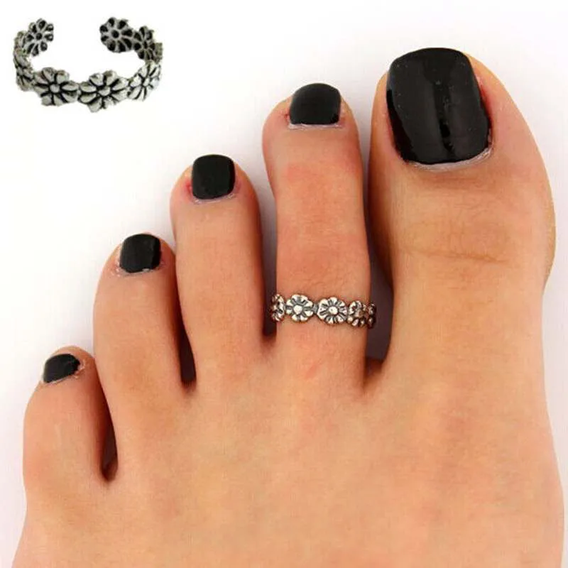 Vintage Carved Flower Adjustable Opening Toe Ring Women Girls Ancient Silver Color Finger Ring Party Jewelry