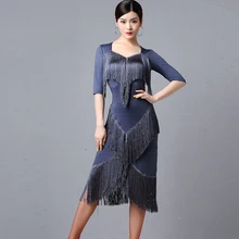 Одежда для латинских танцев Женская Новогодняя Осенняя Новинка сексуальное платье с длинными рукавами и кисточками костюм для Бальных Сальса DL4318