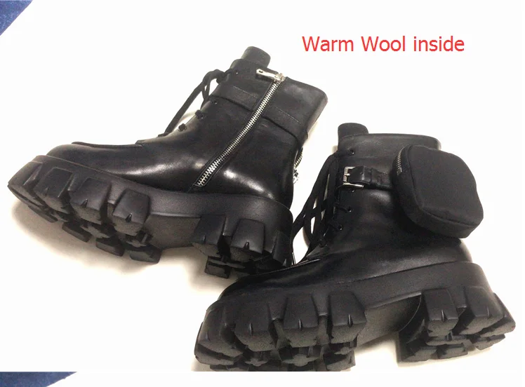 Black wool inside Новинка; ботильоны со шнуровкой на толстой подошве; женские дизайнерские ботинки в байкерском стиле на плоской подошве из черной кожи с ремешком и карманами; зимняя женская обувь - Цвет: Black wool inside