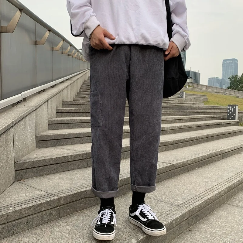 

INS Casual Pants Men's Hong Kong Style CHIC Corduroy Pants Autumn And Winter Versatile Loose Straight Wide-Leg Capri Dad Pants