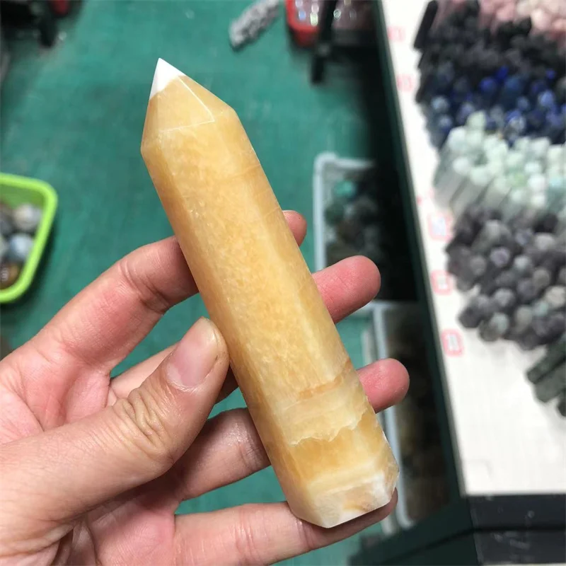 

Yellow Calcite Crystal Wand Tower Point Natural Quartz Gemstones Healing Reiki Home Decoration