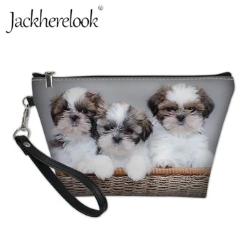 

Jackherelook Women Leather Cosmetic Cases 3D Shih Tzu Printing Make up Bags Cute Companion Dog Travel Funciton Toiletry Case Box
