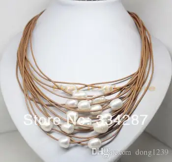 

15 rows natural white pearl pendant brown leather necklace 17.5 "fashion