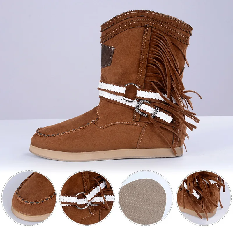 SHUJIN Women Ankle Short Boots Tassels Round Toe Buckle Strap Boots Ethnic Style Warm Non-slip Boots Shoe For Lady Botas Mujer