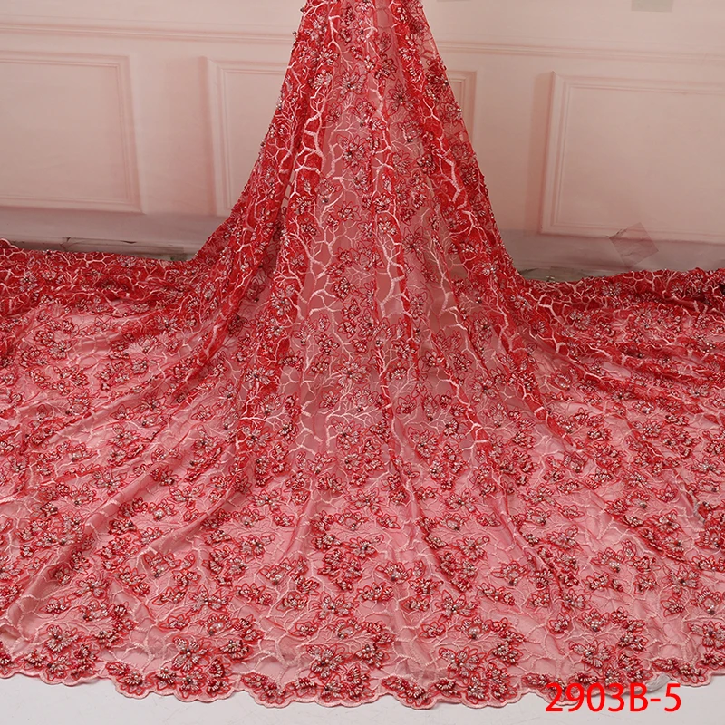 Fashion African Lace Fabric High Quality Lilac Lace Nigerian Lace Fabric 2019 High Quality Lace With Beaded 5yards QF2903B-1