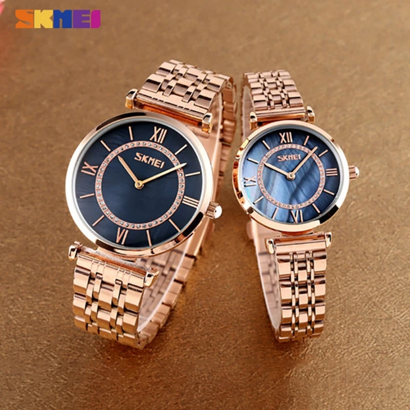 SKMEI Fashion Couple Quartz Watches Men Women Luxury Rose Gold Wristwatches Stainless Steel Strap Watch Ladies 2