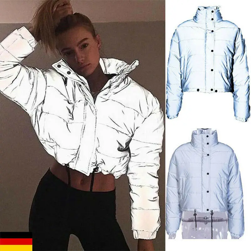 

Meihuida Winter Reflective Short Coat Thickening Luminous Coat jacket Night Reflective Sports Women's Solid Color Casual Wear