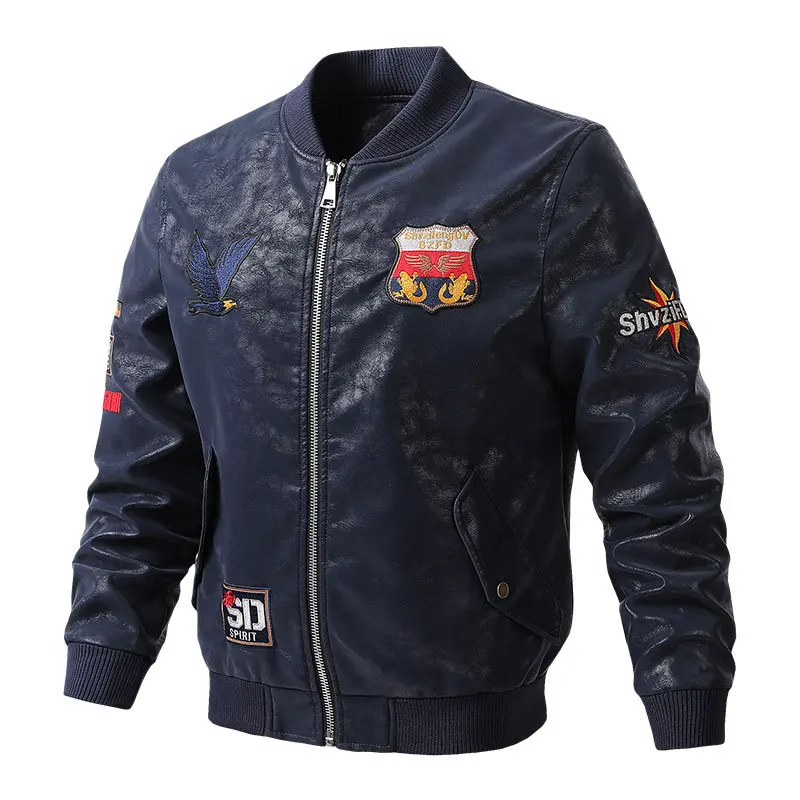 

2020 Autumn Leather Coat Men Slim Fit Locomotive Leather Jacket Thin Section Embroidery Leisure Men's Coat Chao
