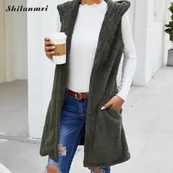 Женский меховой жилет, пальто без рукавов, однотонный, с капюшоном, длинный, искусственный, теплый, с карманами, Colete Feminino, зимняя куртка