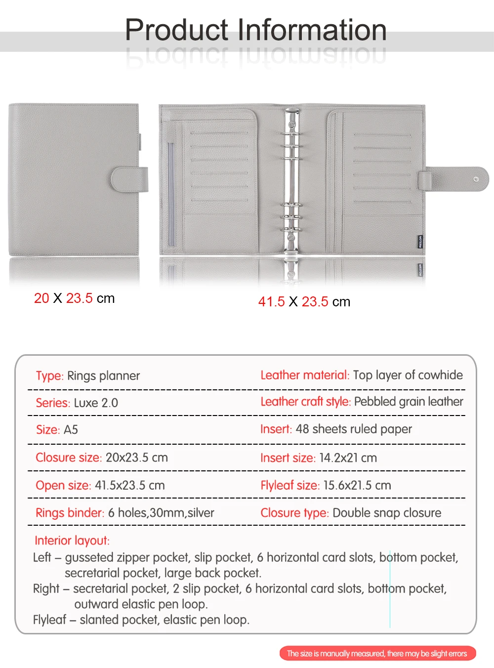 Bloco de Notas Notebook com 30mm Moterm Luxe Série Tamanho Planejador Pebbled Grão Couro Anel Agenda Organizador Diário Sketchbook 2.0 a5 2 High Quality Material escolar e de escritório