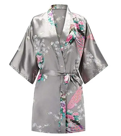 Женское свадебное платье с v-образным вырезом, ночное белье, кимоно купальный халат, сексуальное свободное повседневное неглиже с принтом павлина, интимное нижнее белье - Цвет: Gray