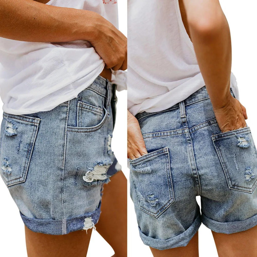 SEBOWEL Summer Vintage Faded Jeans Shorts Woman Female Rolled Cuff Distressed Denim Shorts Plus Size S-XXL Ladies Short Pants
