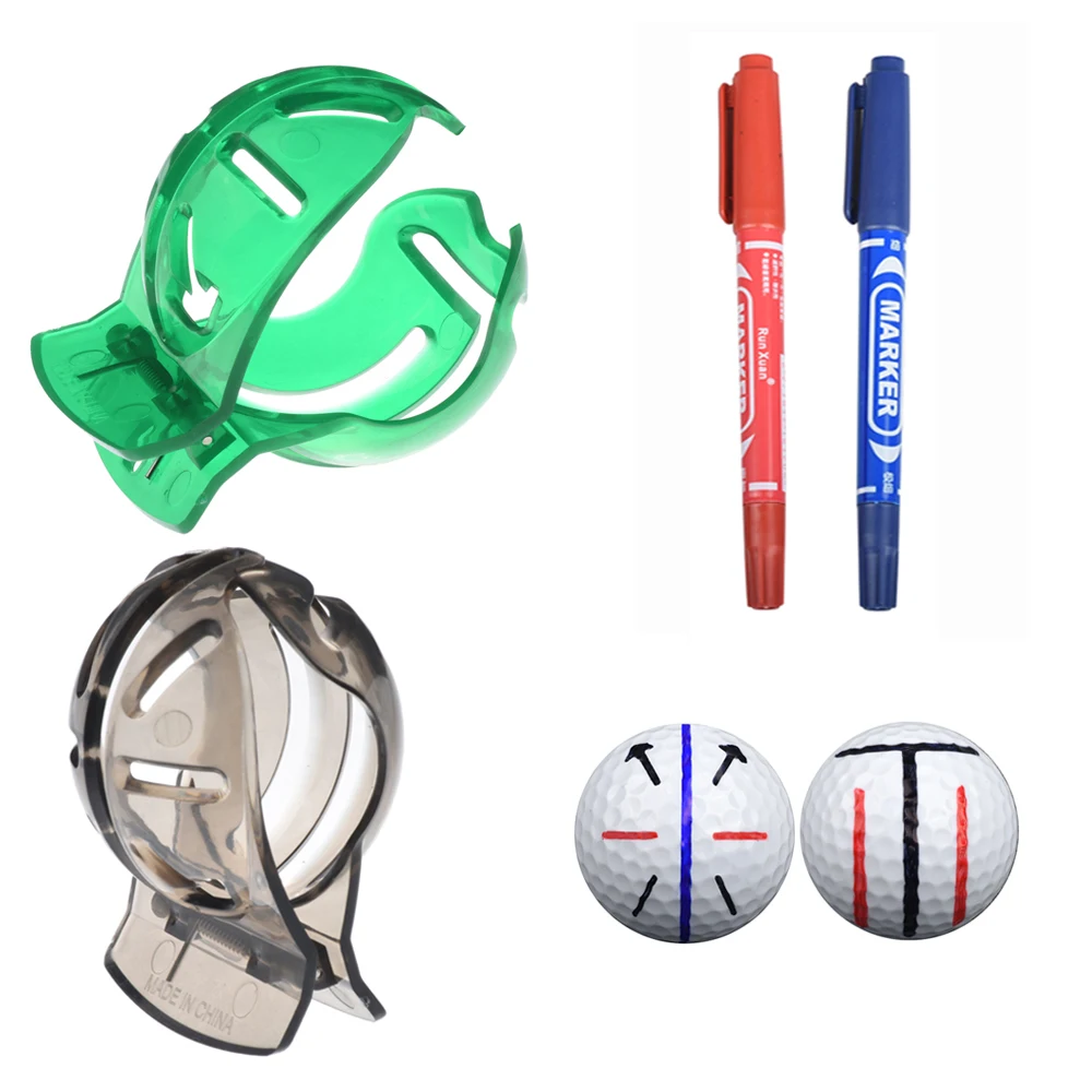 

New Golf Ball Line Clip Marker Tool With 2 Pens Triple Line Template Alignment Marks Tool Putting Positioning Aids