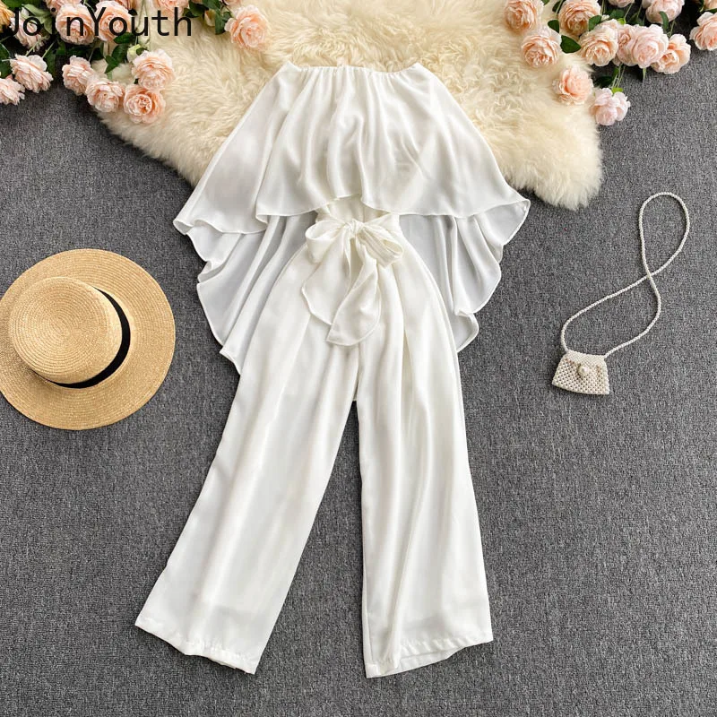 Joinyouth Chic Elegant Ruffles Jumpsuits Women High Waist Hip Wide Leg Pants Bodysuits Slim Sashes Irregular Playsuits |