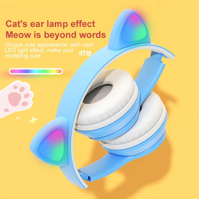 Wireless Headphones Cat Ear with Mic Blue-tooth Glow Light Stereo Bass Helmets Children Gamer Girl Gifts PC Phone Gaming Headset |