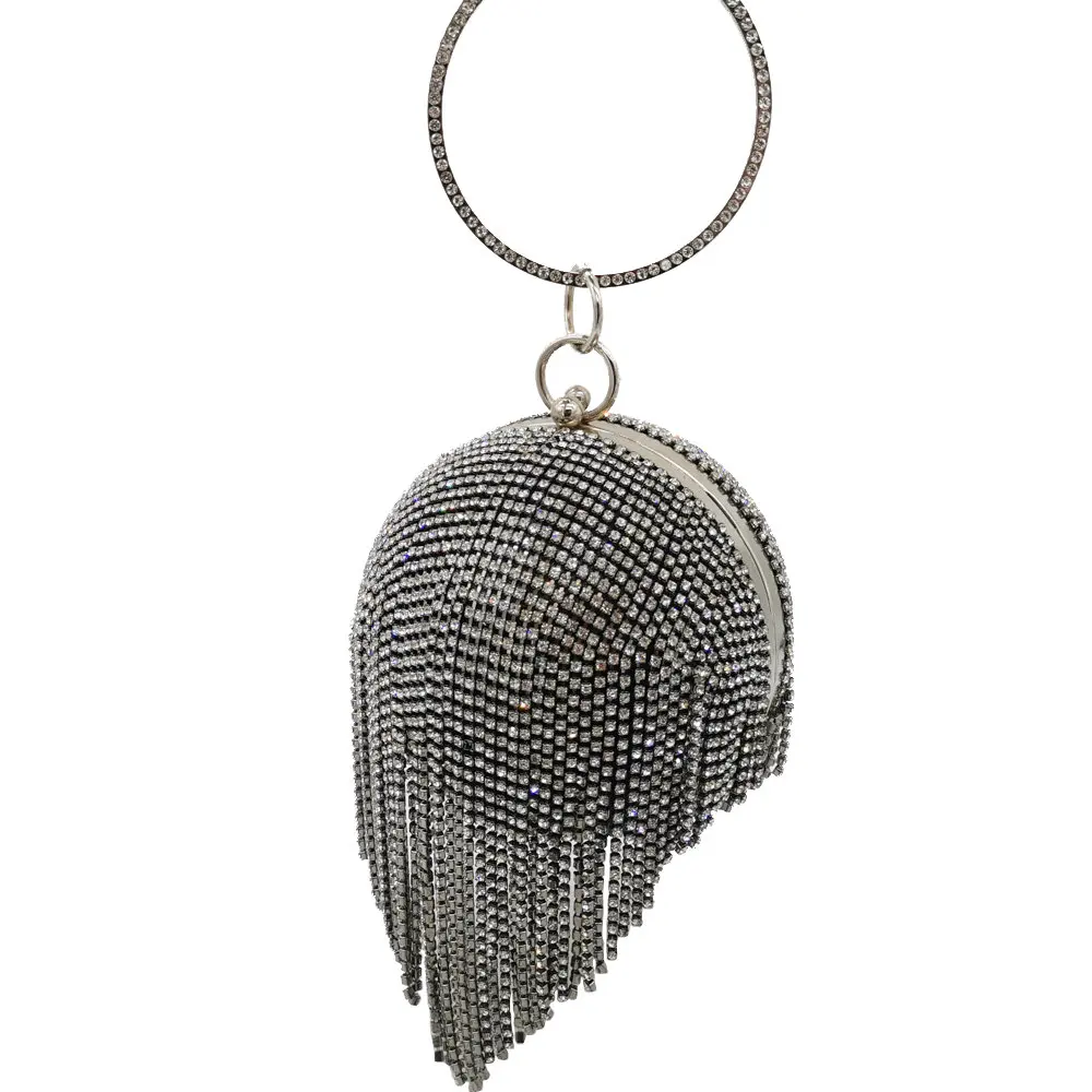 Boutique De FGG Round Tassel Crystal Clutch Purses For Women Black Evening Bags Wedding Party Dinner Bridal Diamond Handbags