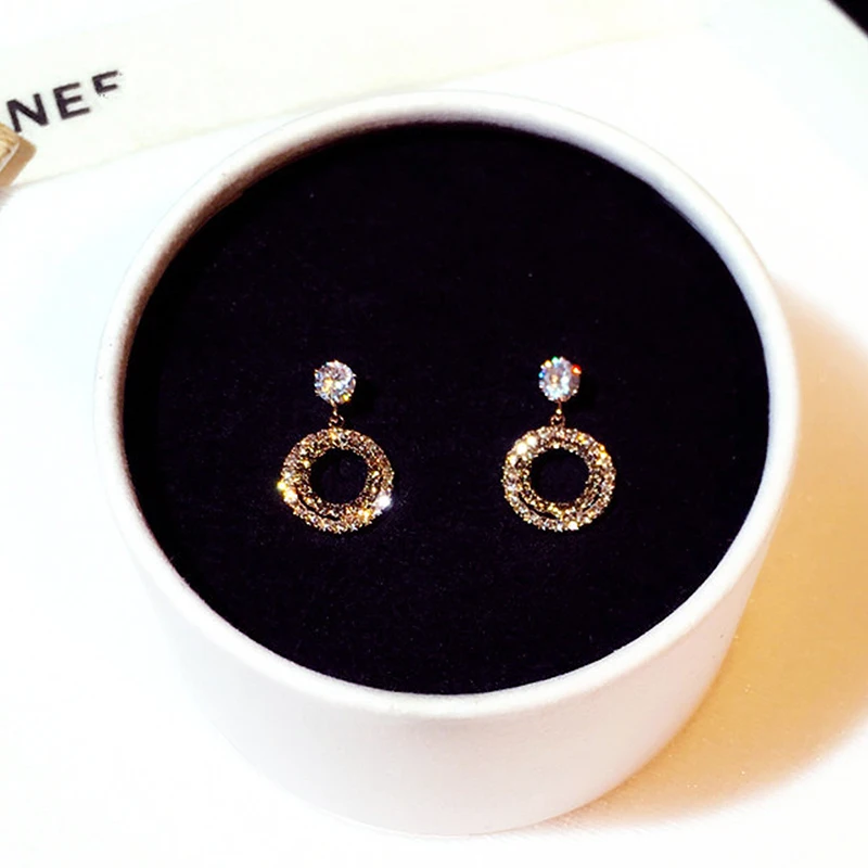 Korean Trendy Full Rhinestone Hollow Earrings for Women Transparent Zirconia CZ Stud Earrings Wedding Bridal Pendant Accessories