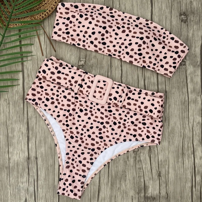 2020 Leopard Dot Split Flat Chest Skinny Bikini Swimsuit Waist Tie Bikini Sexy Backless Swimsuit Bikini Set White Flower Beach Bikini_2