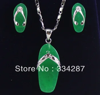 

New Listed !Free Shipping slippers-shaped Dark Green Jades Earring Pendant Chain Jewelry Set