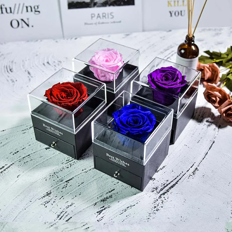 Christmas Natural Eternal Rose Jewelry Box /w 100 Languages Love Necklace Preserved Flowers Proposal Ring Case Gifts for Her