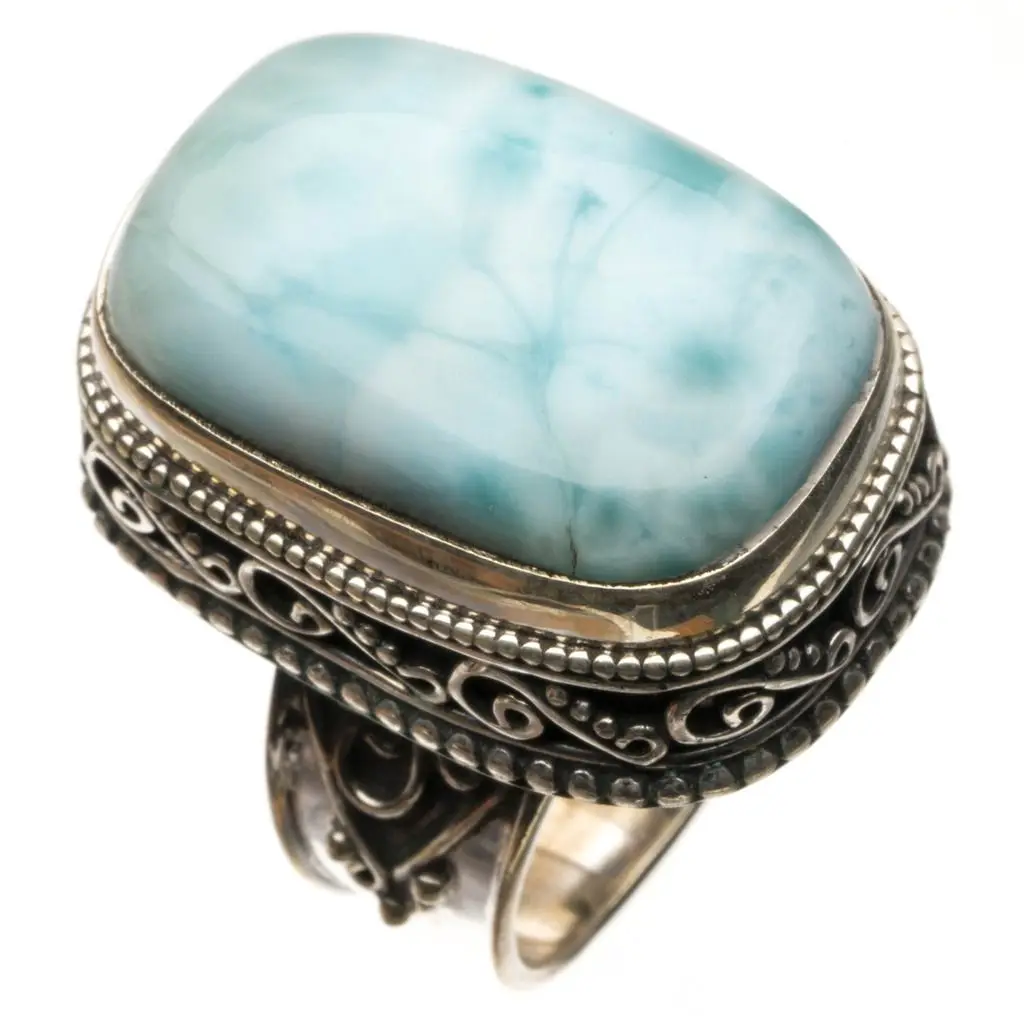 Натуральное Caribbean Larimar винтажное 925 пробы Серебряное кольцо, размер США 6,5 R3468