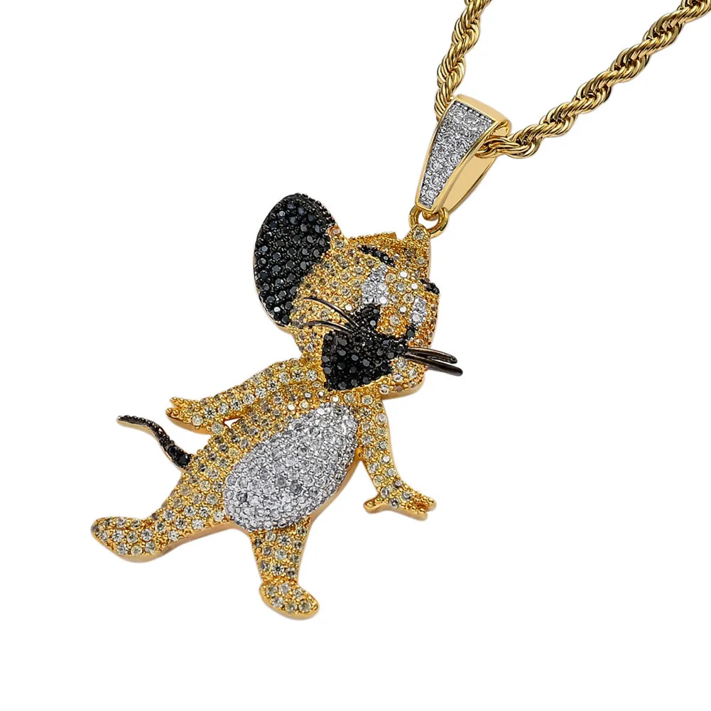 Iced Out CZ Классический Персонаж Мультфильма мышь Джерри ожерелье кулон хип хоп золотого цвета колье с покрытием для женщин и мужчин Ювелирные изделия Подарки