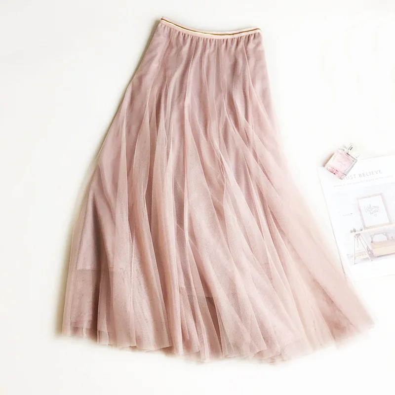 2020 Lente Zomer Vintage Rokken Vrouwen Elastische Hoge Taille Tulle Mesh Rok Lange Geplooide Tutu Vrouwelijke Jupe Longue | Женская